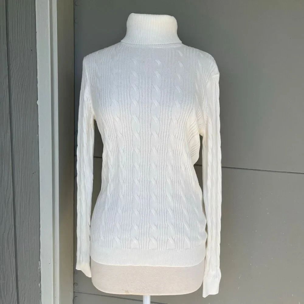 Lands’ End Lighthouse Ivory Cotton Cable Knit Turtleneck Sweater NWT M